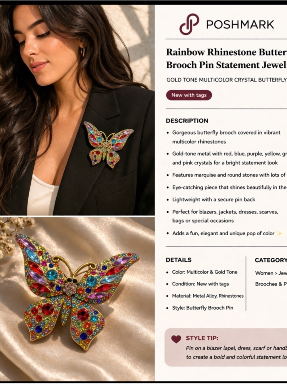 Multicolor Rhinestone Butterfly Brooch Pin - Gold Tone